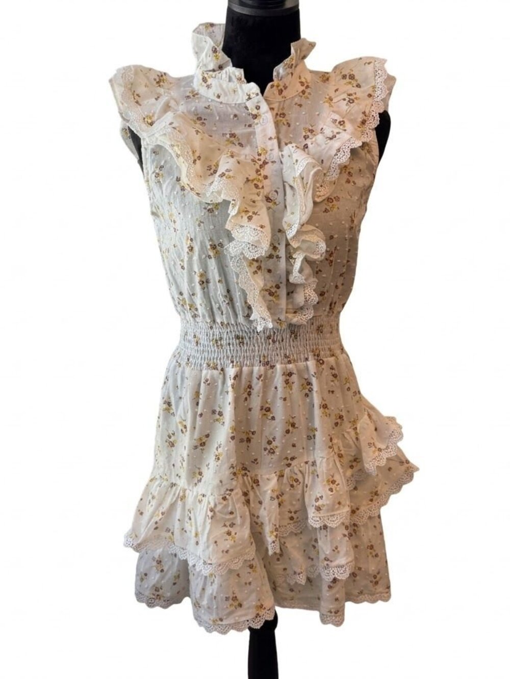 The Shirt by Rochelle Behrens Jill Ruffle Dress Tan Ditsy NWT Small Cottage Boho